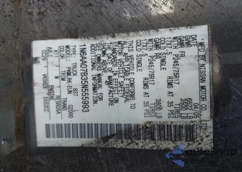 2005 Nissan Titan Xe из США, поврежденный, VIN 1N6AA07B35N555993